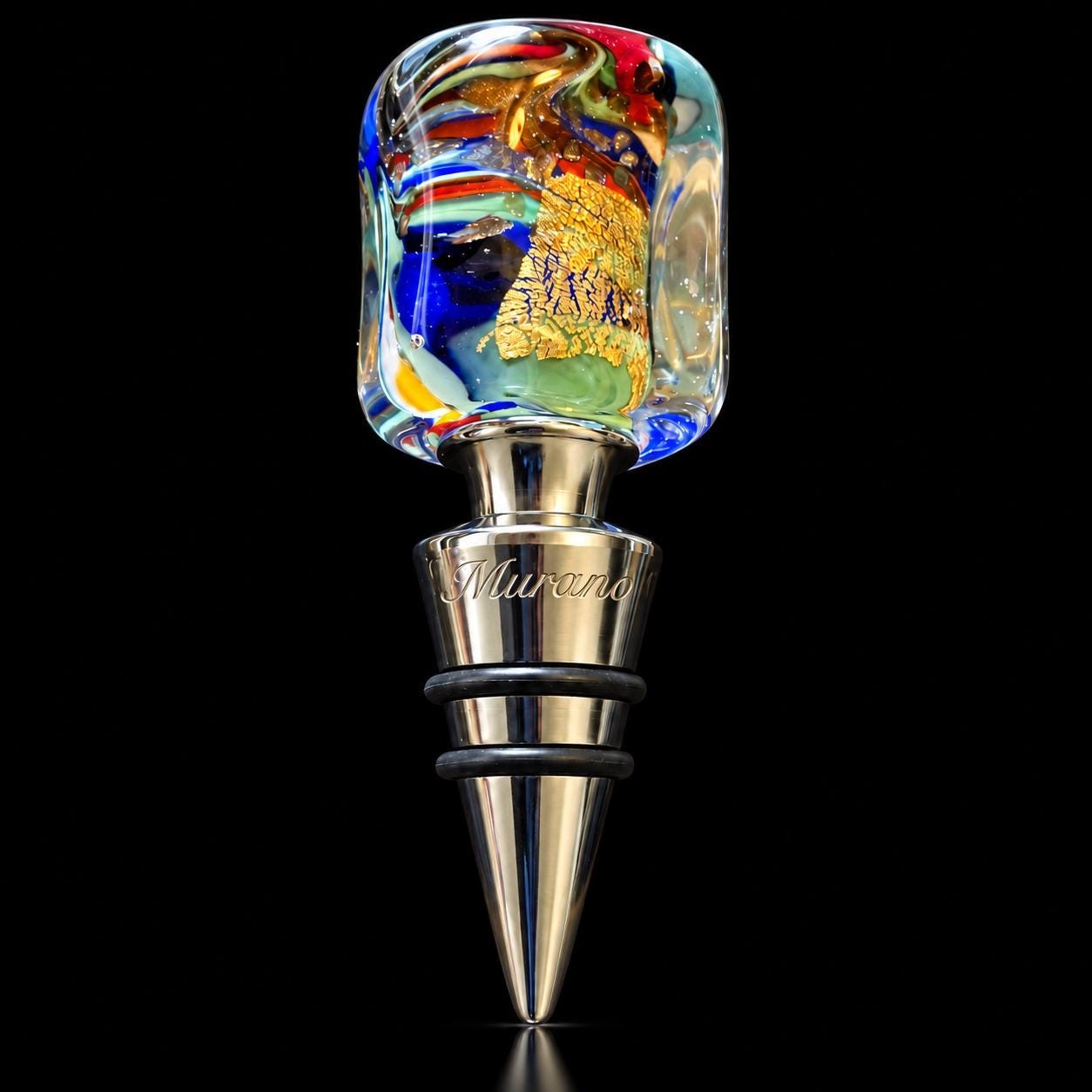 Murano Art Glass Wine Bottle Stopper – Italian Multicolor Swirl & Gold Foil, view 5