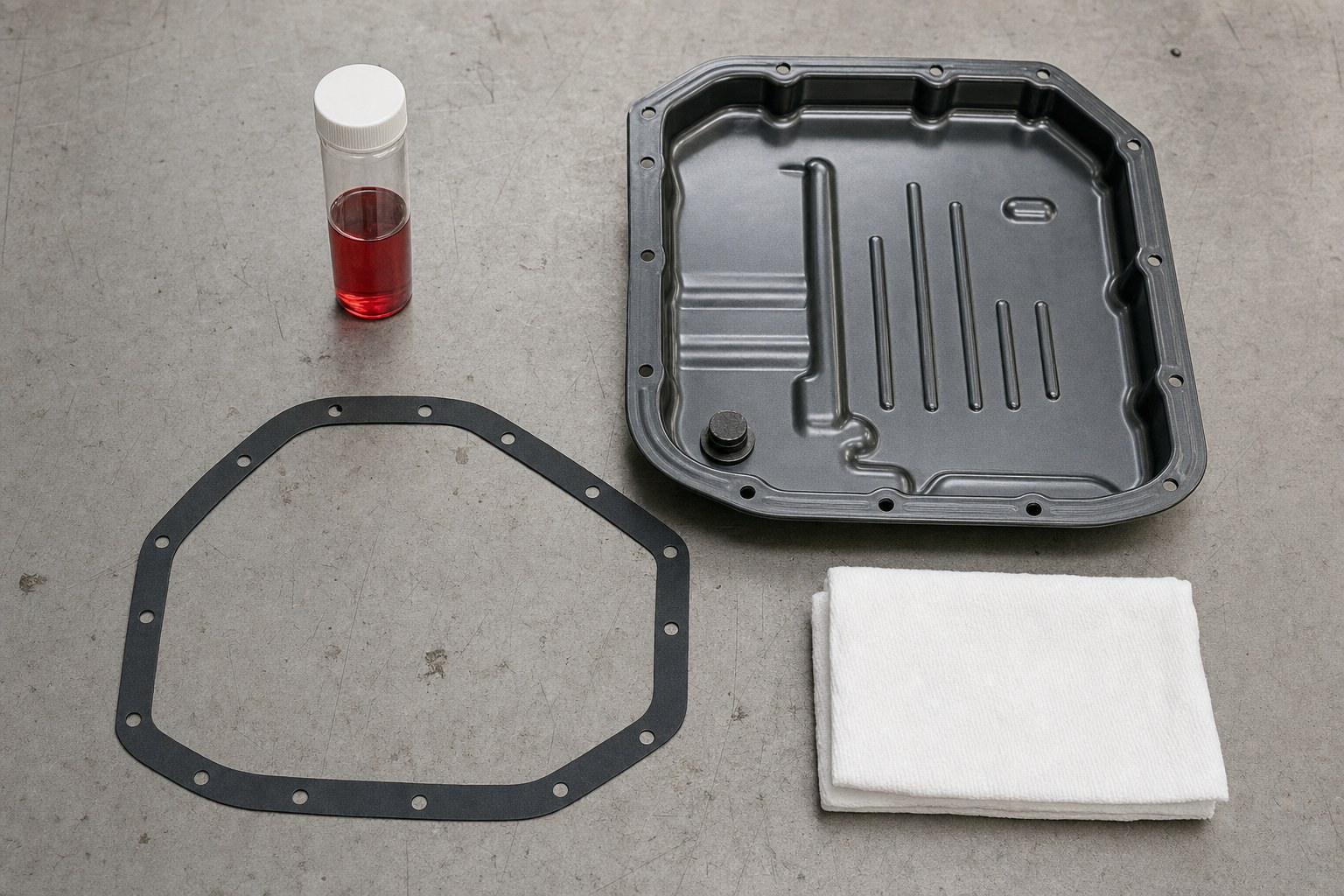 Transmission fluid sample, pan, gasket, and shop towel arranged for a fluid inspection