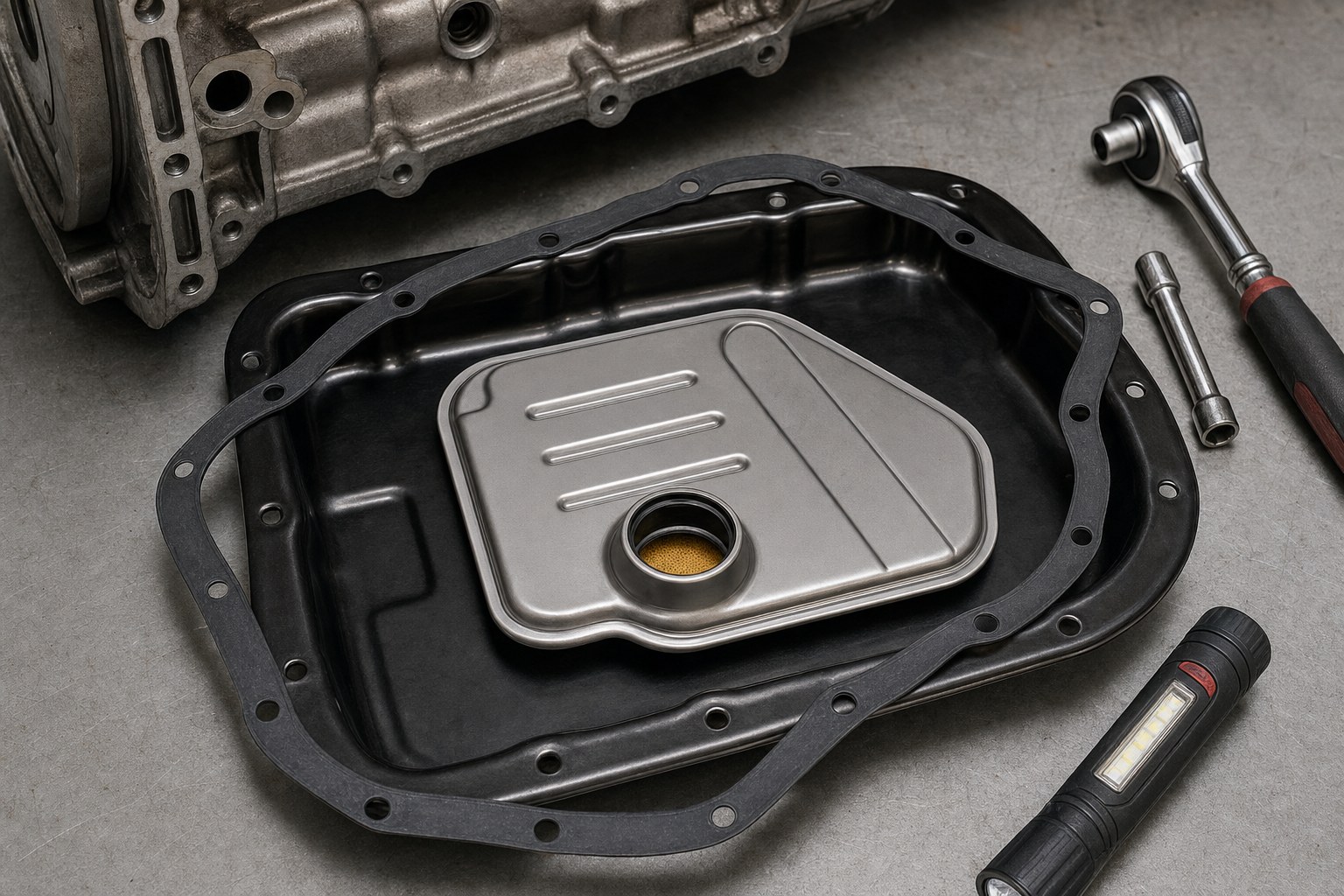 Transmission filter, gasket, and pan prepared for an inspection