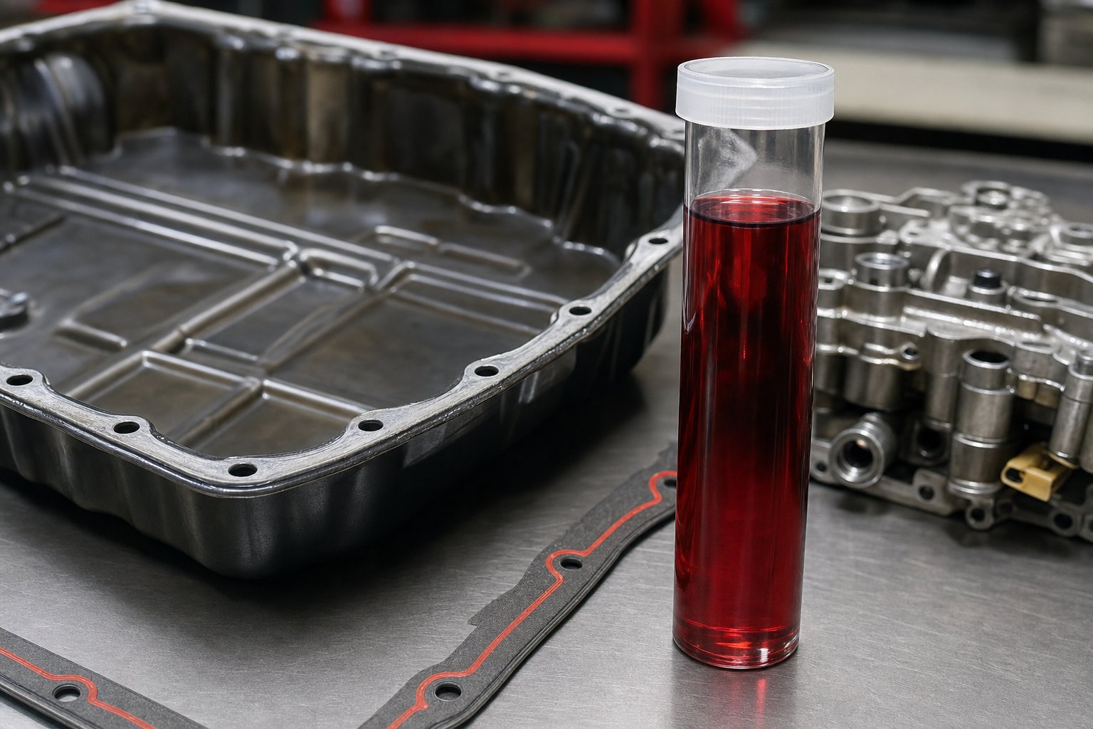 Transmission fluid sample beside a transmission pan and gasket