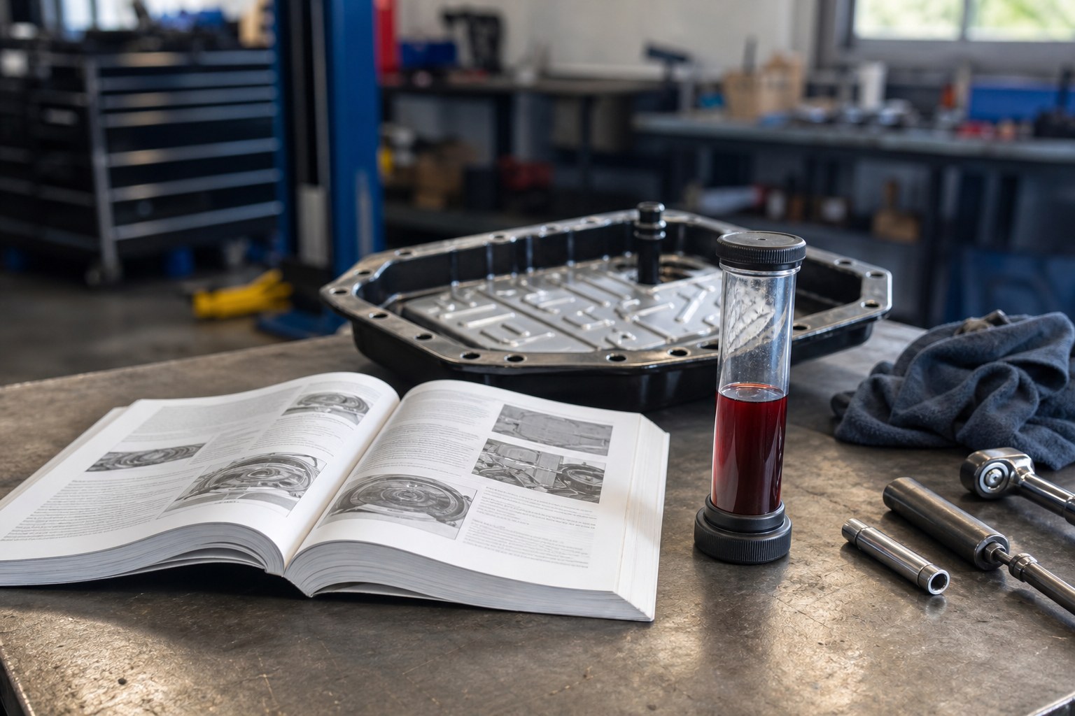Transmission fluid sample, service manual, and transmission pan on a repair shop workbench