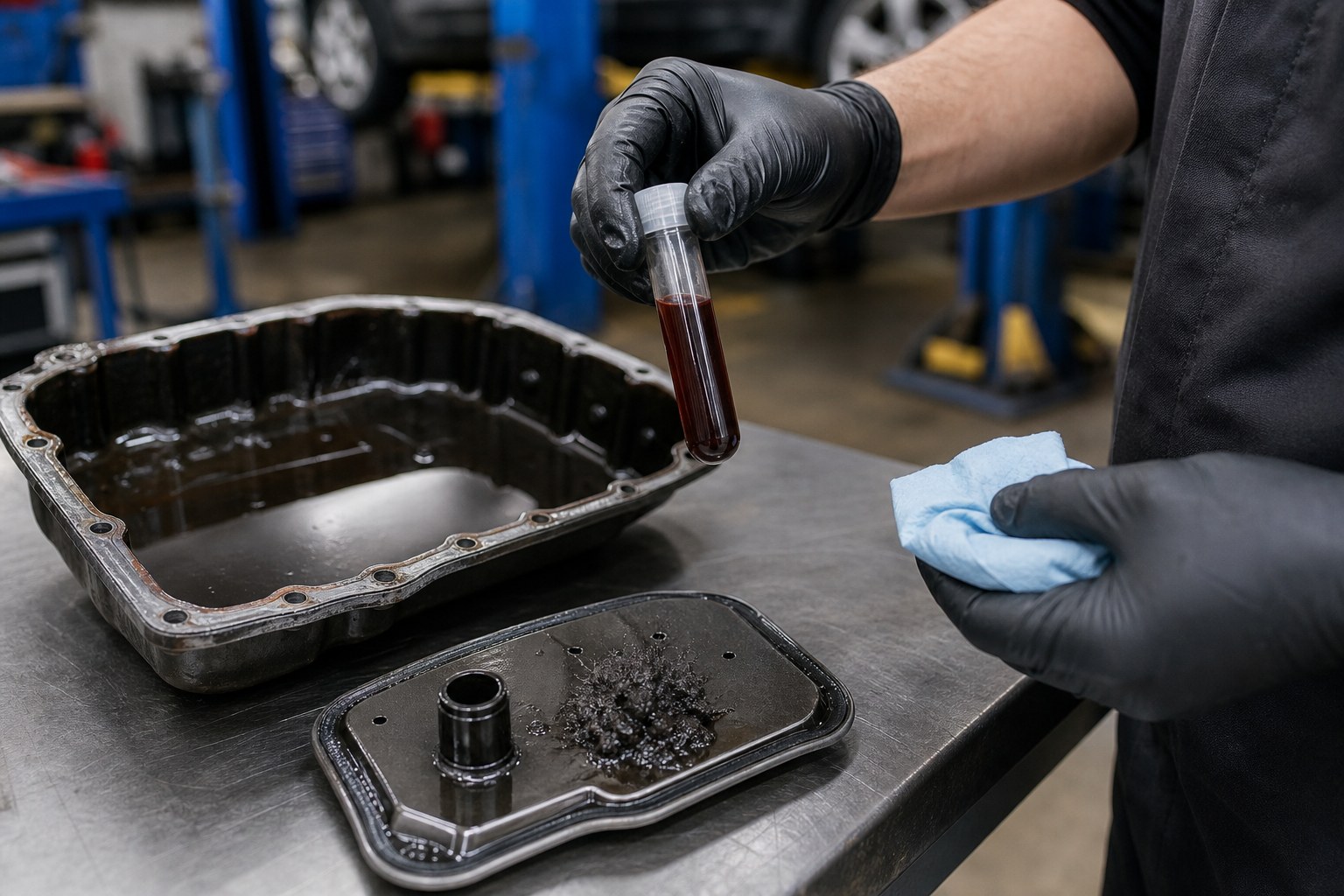 Technician holding a transmission fluid sample beside a removed transmission pan and filter