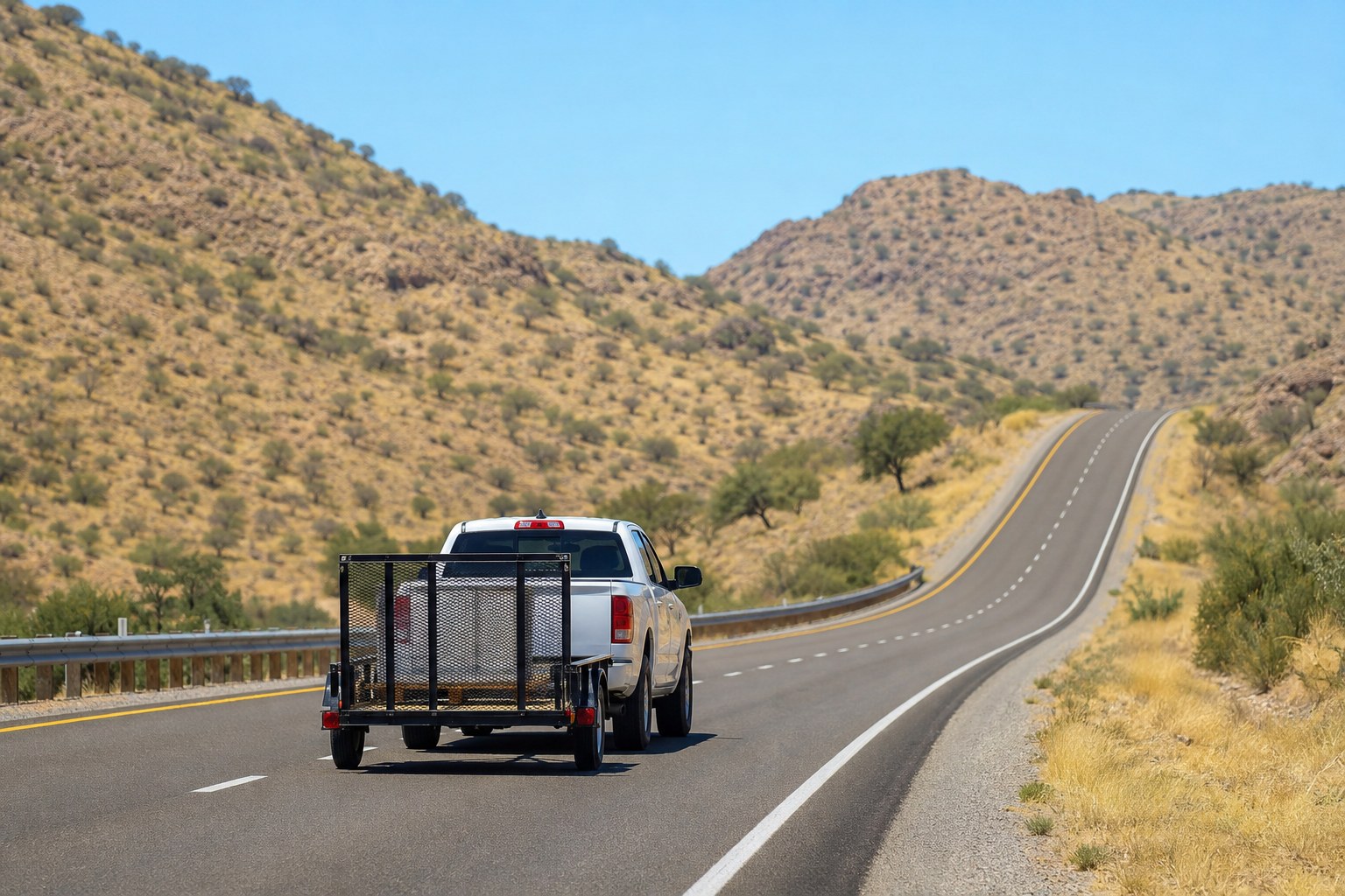 Pickup truck towing a utility trailer on an Arizona highway through dry hills