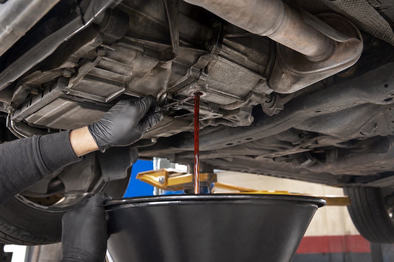 Fresh transmission fluid draining into a collection pan during service