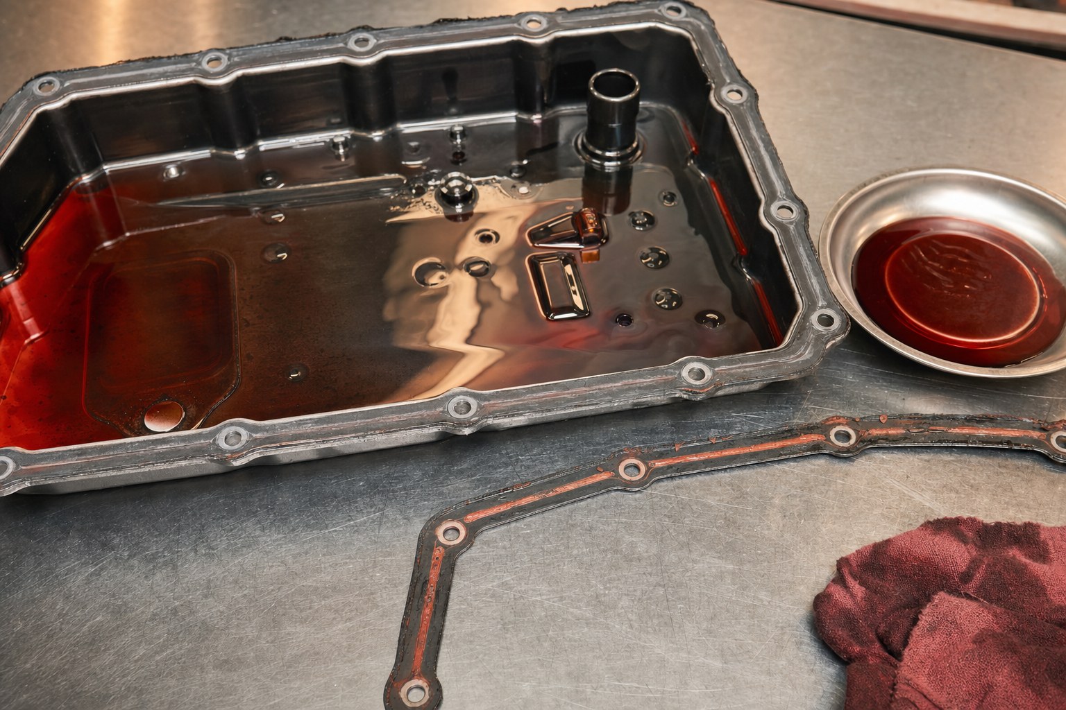 Automatic transmission pan with fresh transmission fluid on a workbench