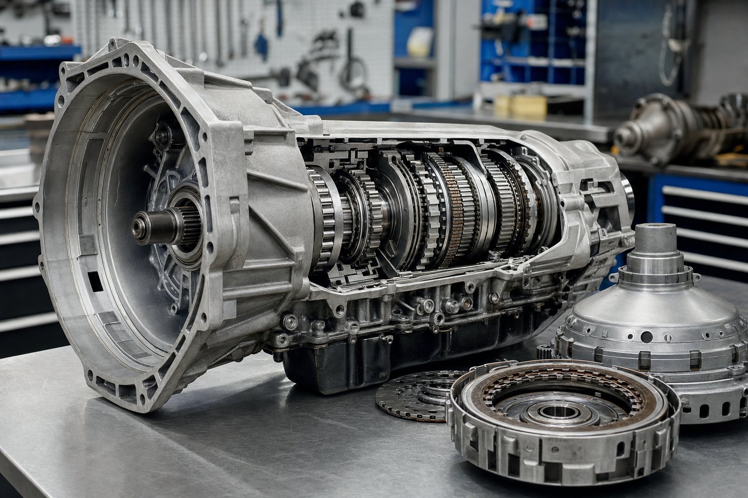 Open automatic transmission assembly on an automotive workbench