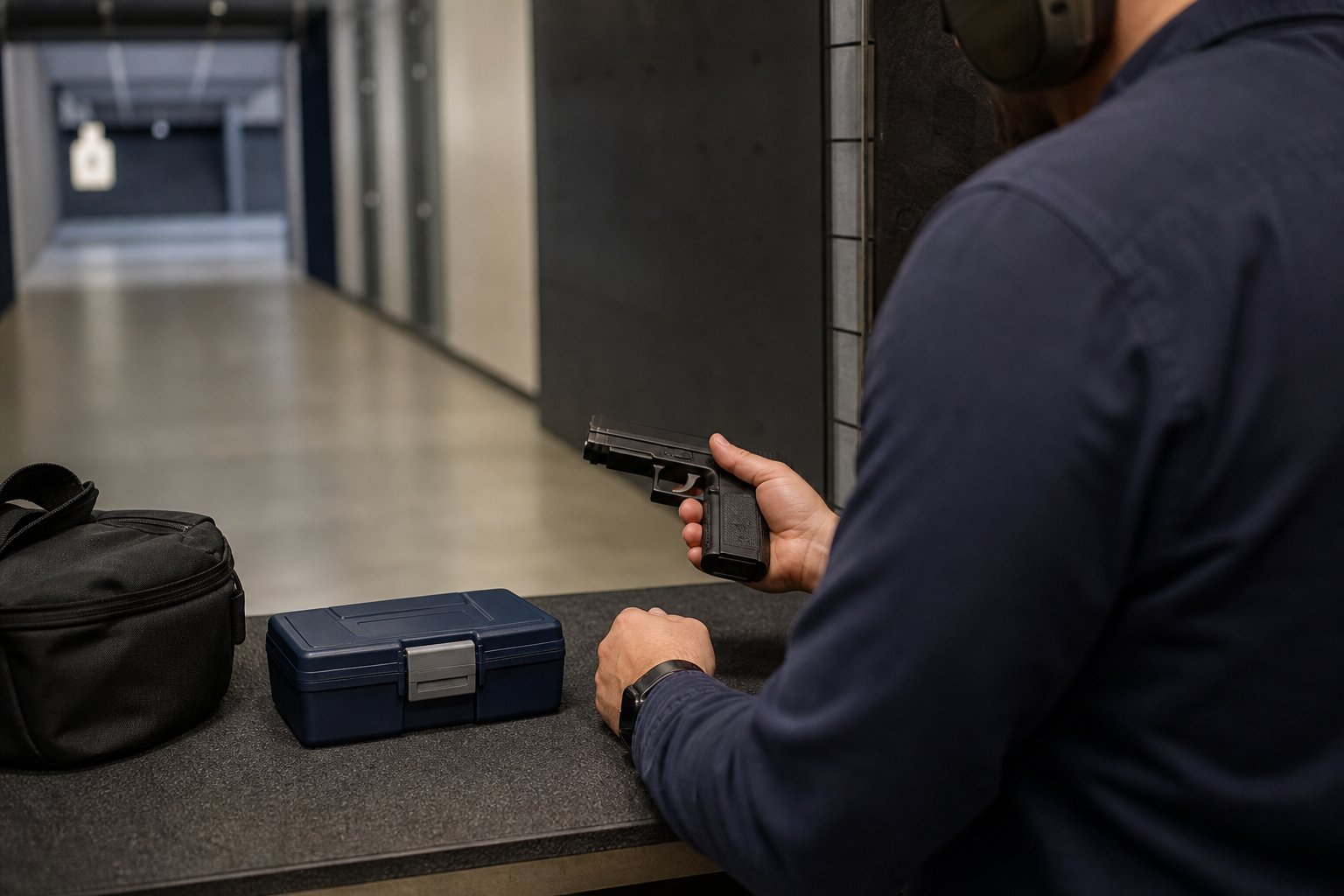 Shooter preparing safely at an indoor range bench