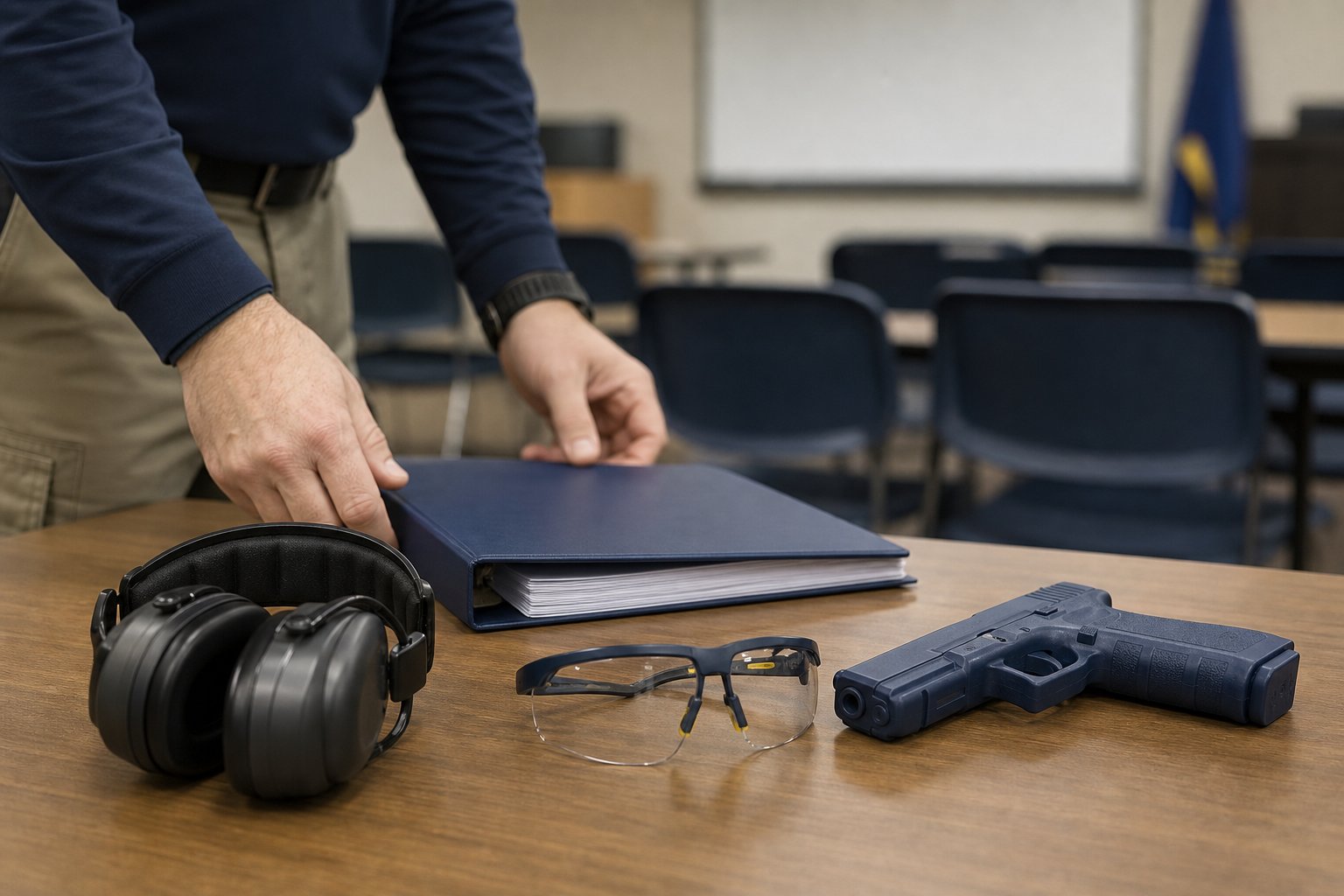 Firearms safety classroom table with hearing protection, safety glasses, and training materials