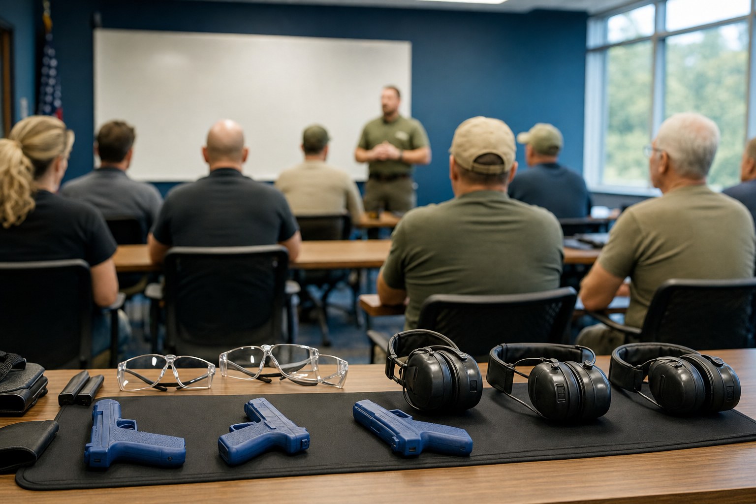 Safety equipment and training materials prepared in a firearms classroom