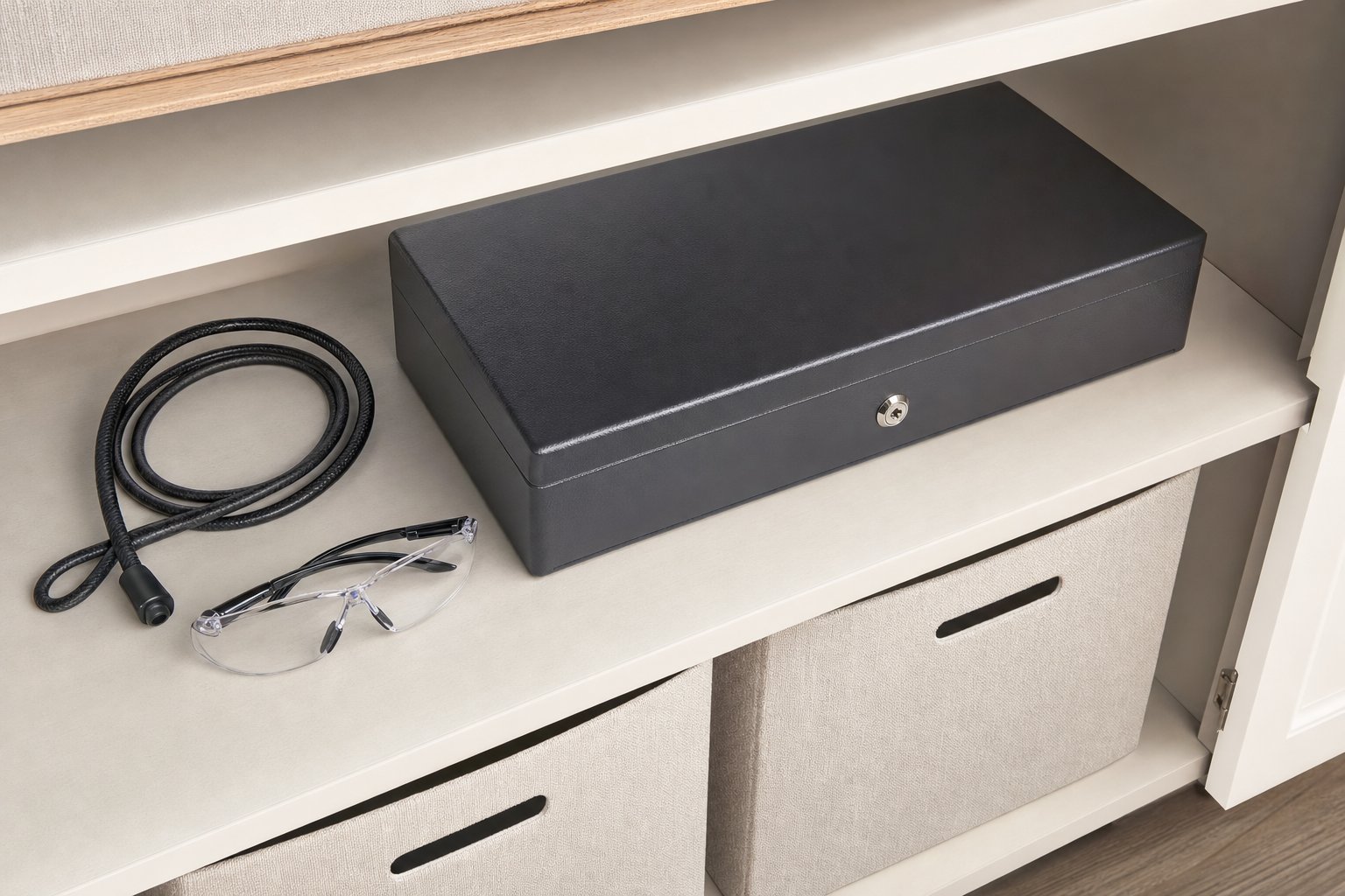 Closed lockbox, cable lock, and safety glasses arranged on a home storage shelf