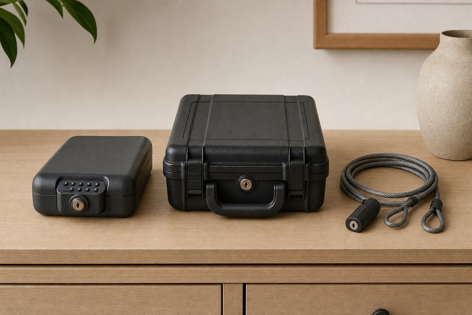 Closed lockbox, hard-sided case, and cable lock arranged as secure storage options