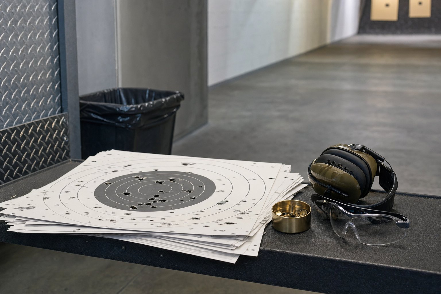 Used paper targets, safety glasses, and hearing protection organized on a tidy range bench