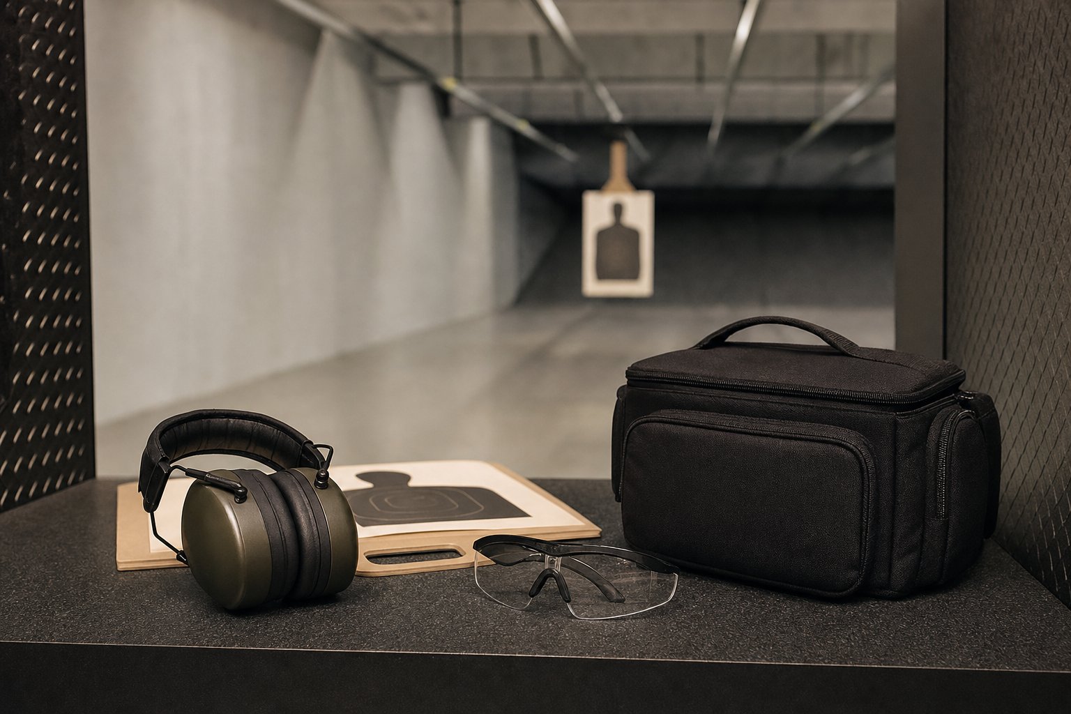 Indoor range lane prepared with hearing protection, safety glasses, and a closed range bag