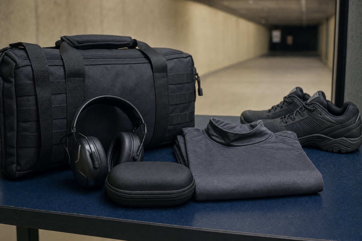 Range bag, hearing protection, closed-toe shoes, and practical clothing prepared for a range visit