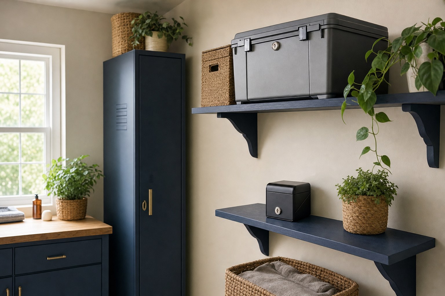 Locked storage containers kept on separate shelves in an organized room