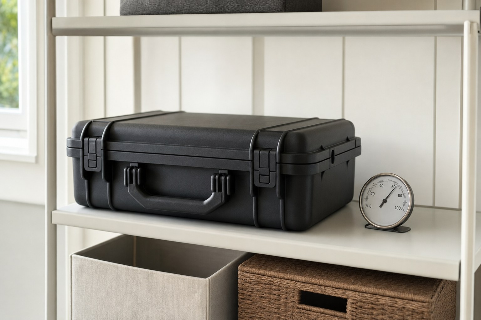 Closed protective storage case beside a humidity gauge on a shelf
