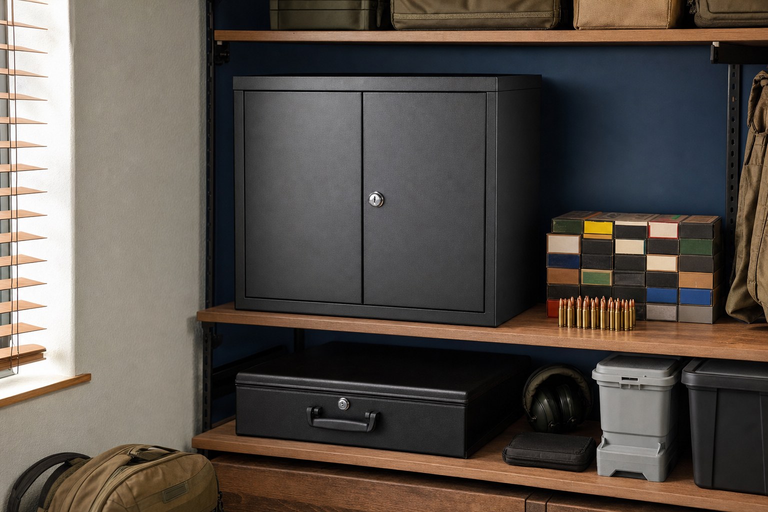Locked storage cabinet and organized protective cases in a home utility room