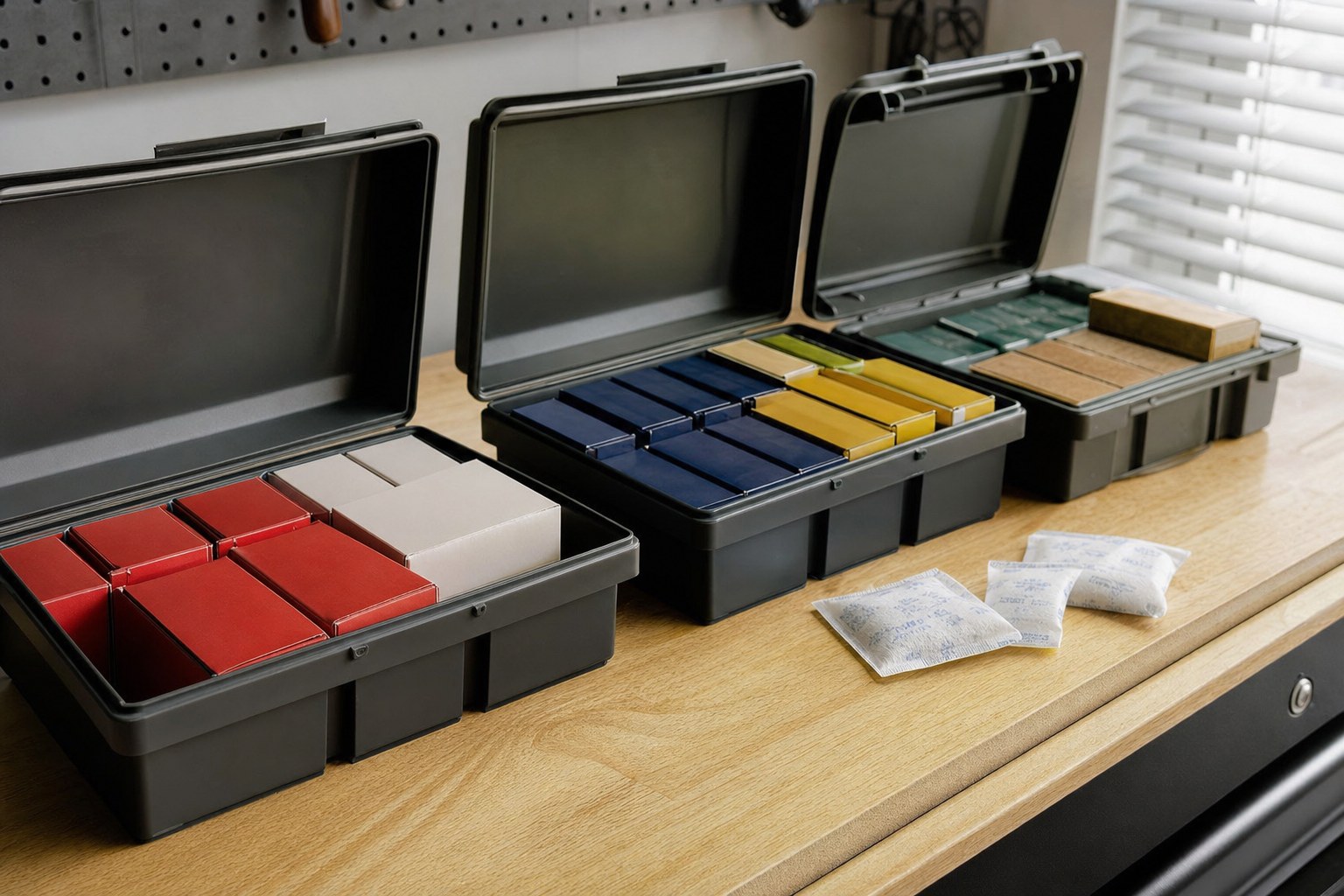 Organized protective cases and moisture-control packets on a storage workbench