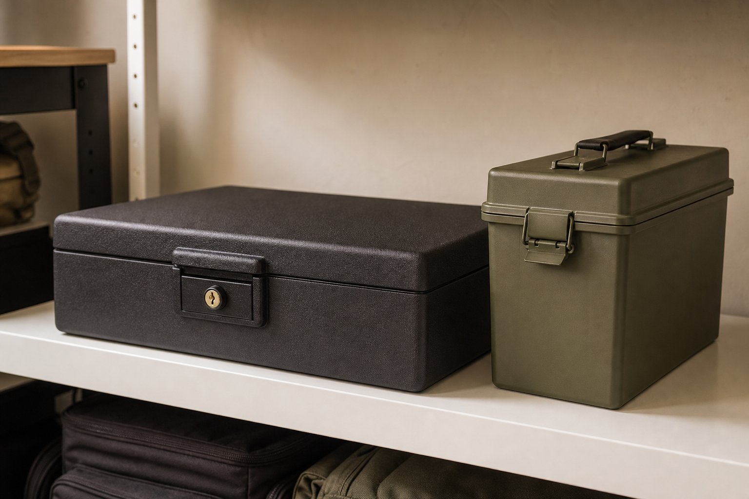 Locked storage case and separate ammunition container on a shelf