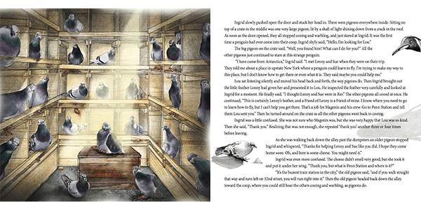 Children’s book illustration with penguin characters in a pigeon coop