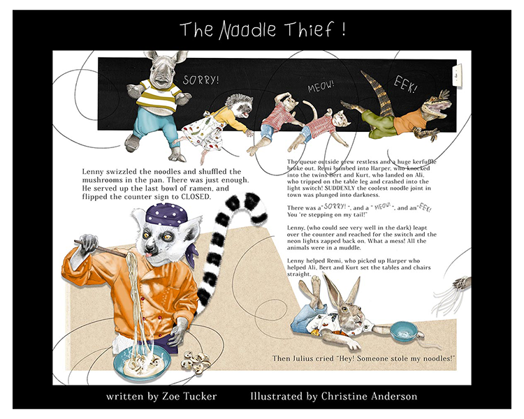 Narrative children’s book illustration with a raccoon character by Christine Anderson