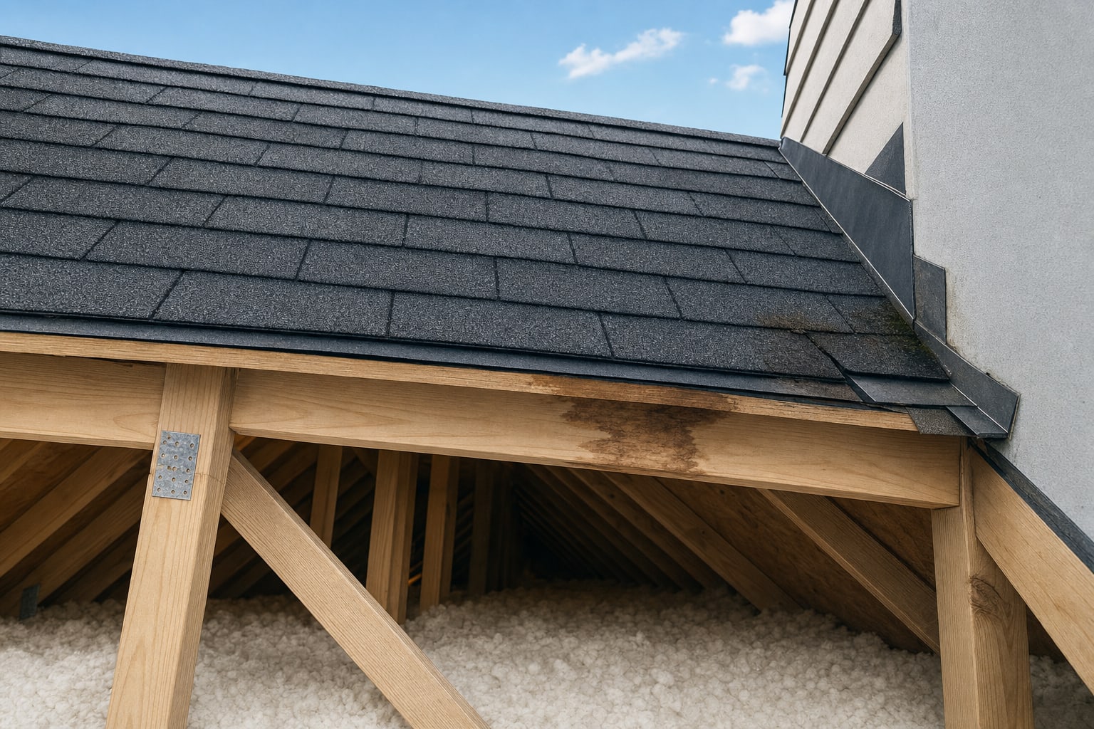 Roof and attic framing detail showing a small stain beneath a flashing transition