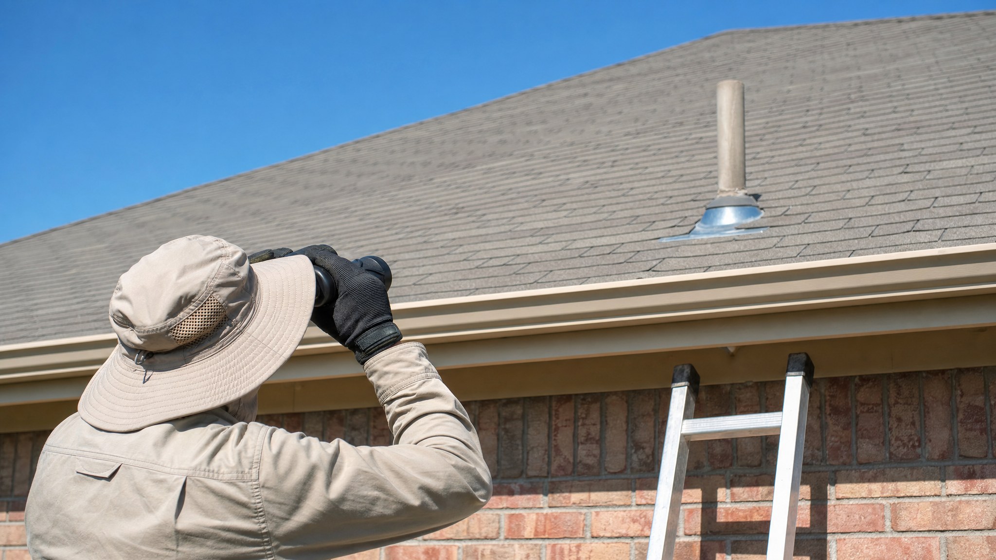 Homeowner inspecting roof flashing and shingles with binoculars from a safe position