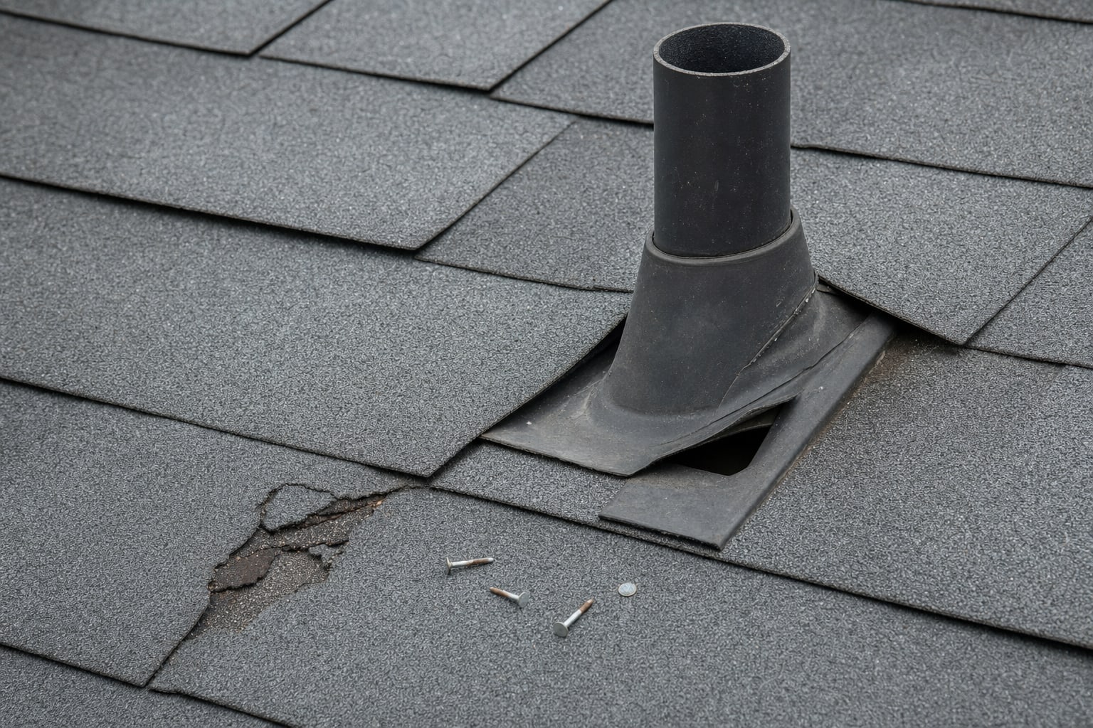 Damaged shingle roofing and lifted flashing around a vent pipe