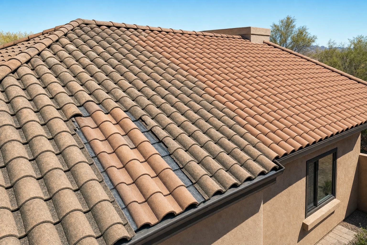 Tile roof showing a localized repair area beside newer replacement tiles