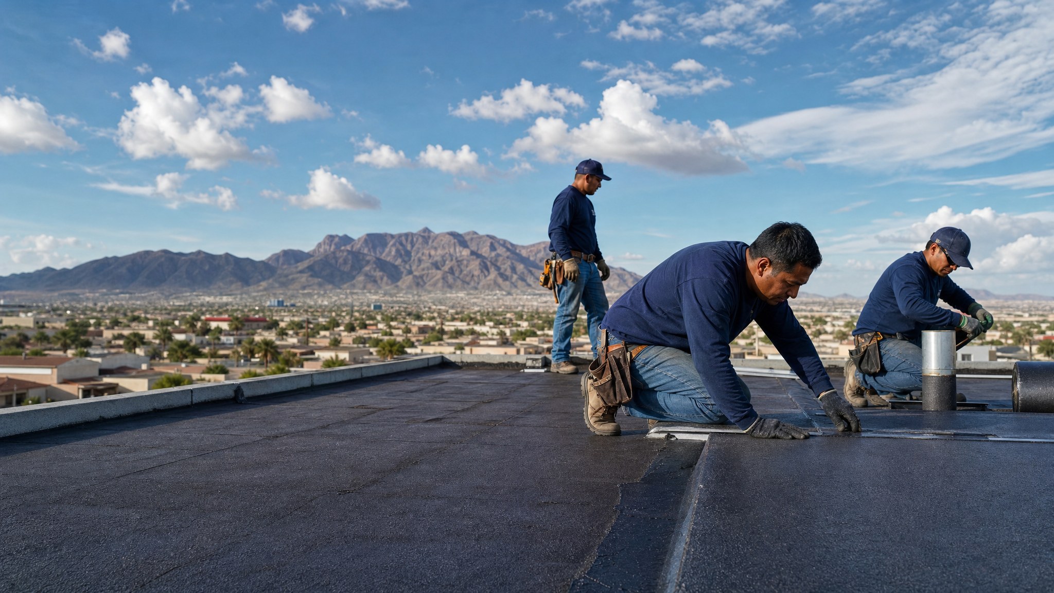 Roofers completing a low-slope roof repair above El Paso