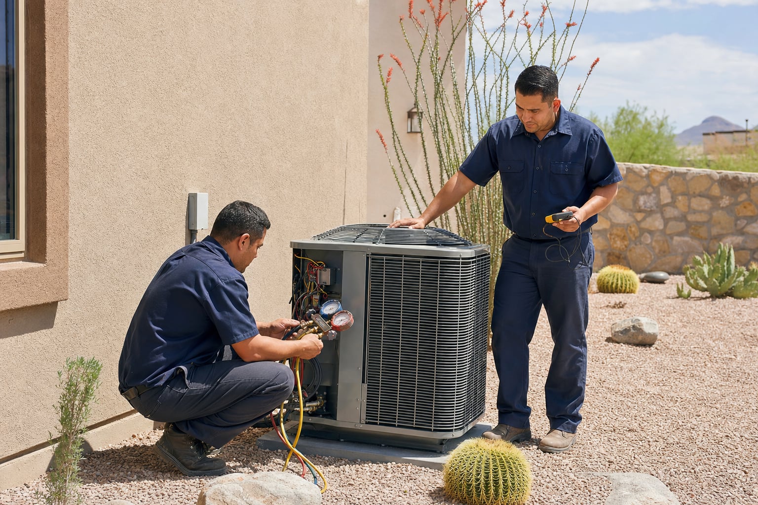 Two HVAC technicians servicing an outdoor air conditioning condenser