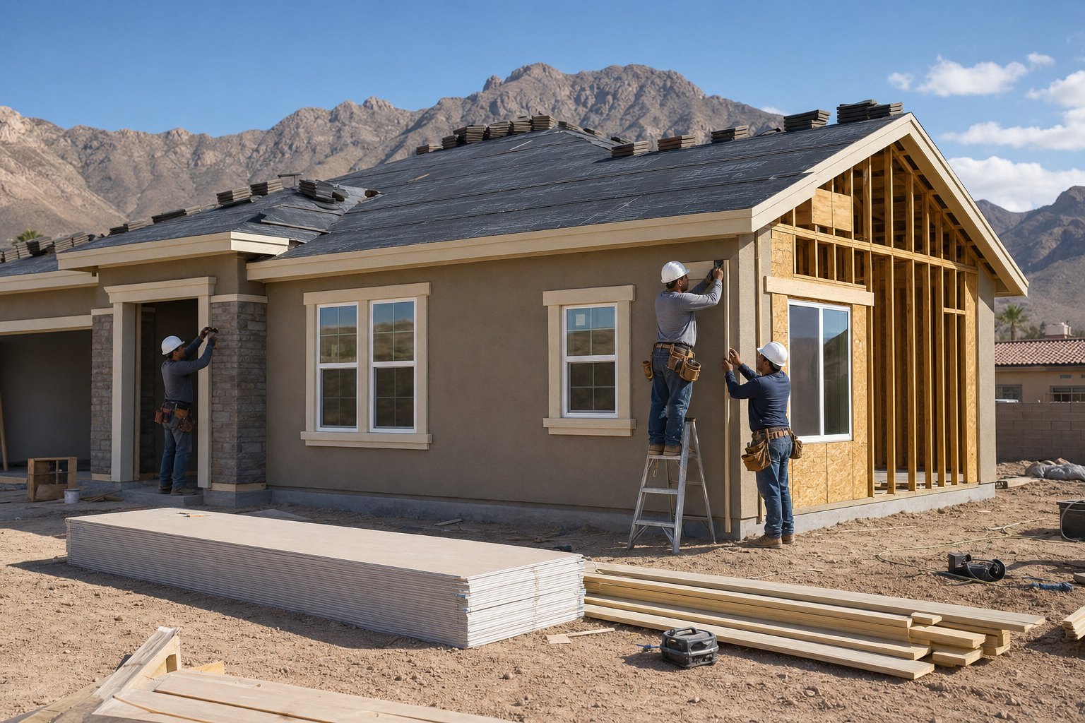 Residential remodel in progress with framing and exterior installation work