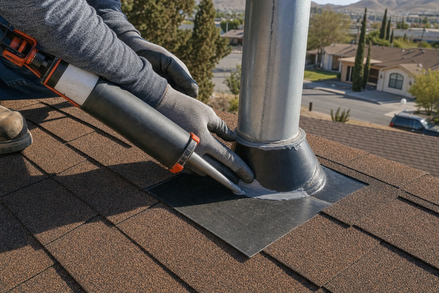 Technician sealing roof flashing during a repair