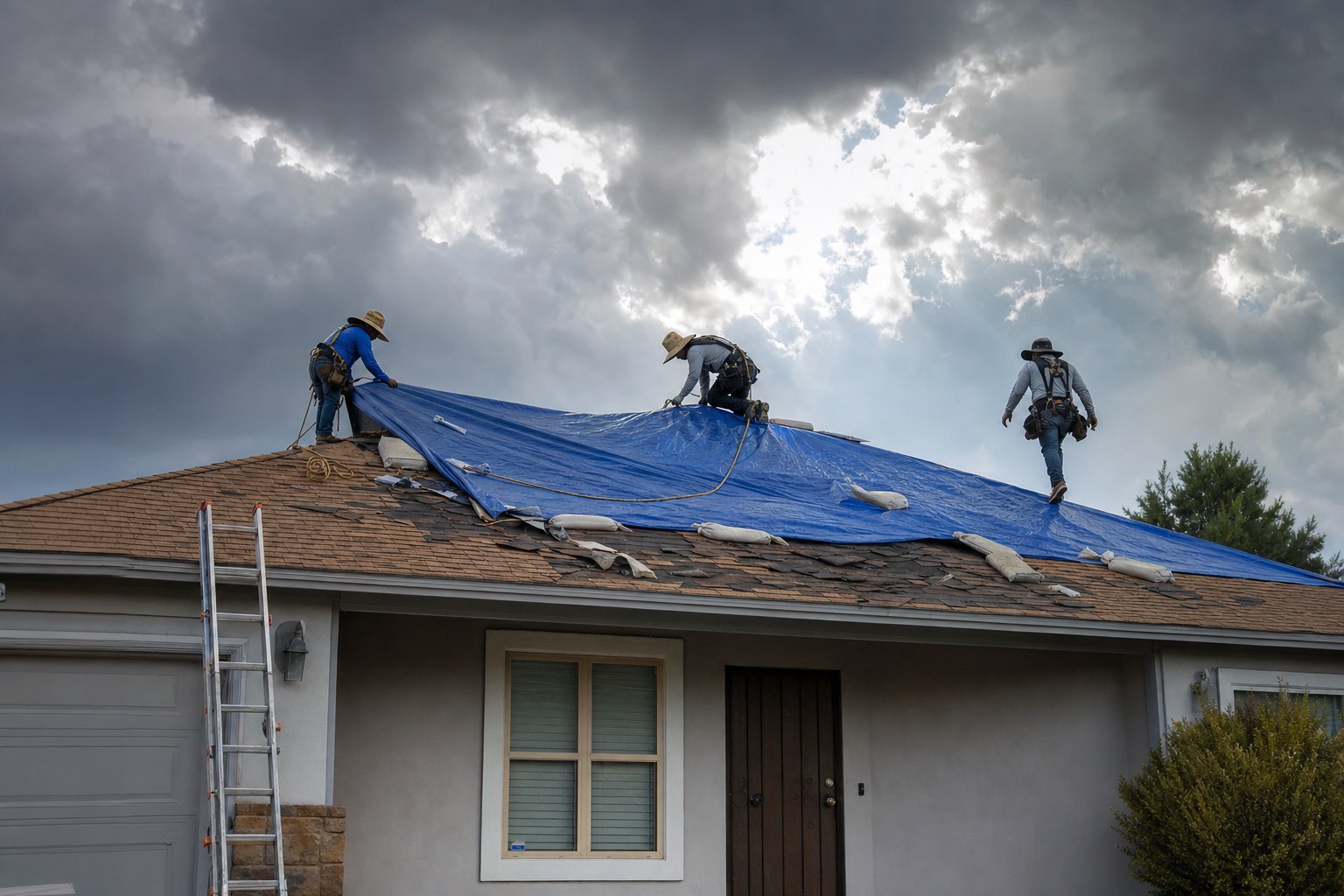 Roofers securing a storm-damaged roof