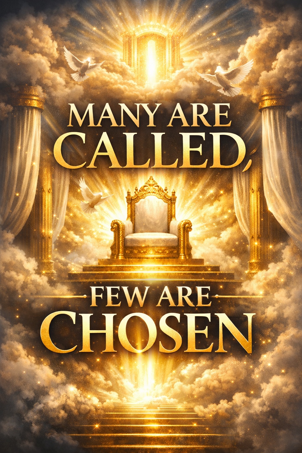 Many Are Called, Few Are Chosen cover with a golden throne, doves, and a stairway through clouds