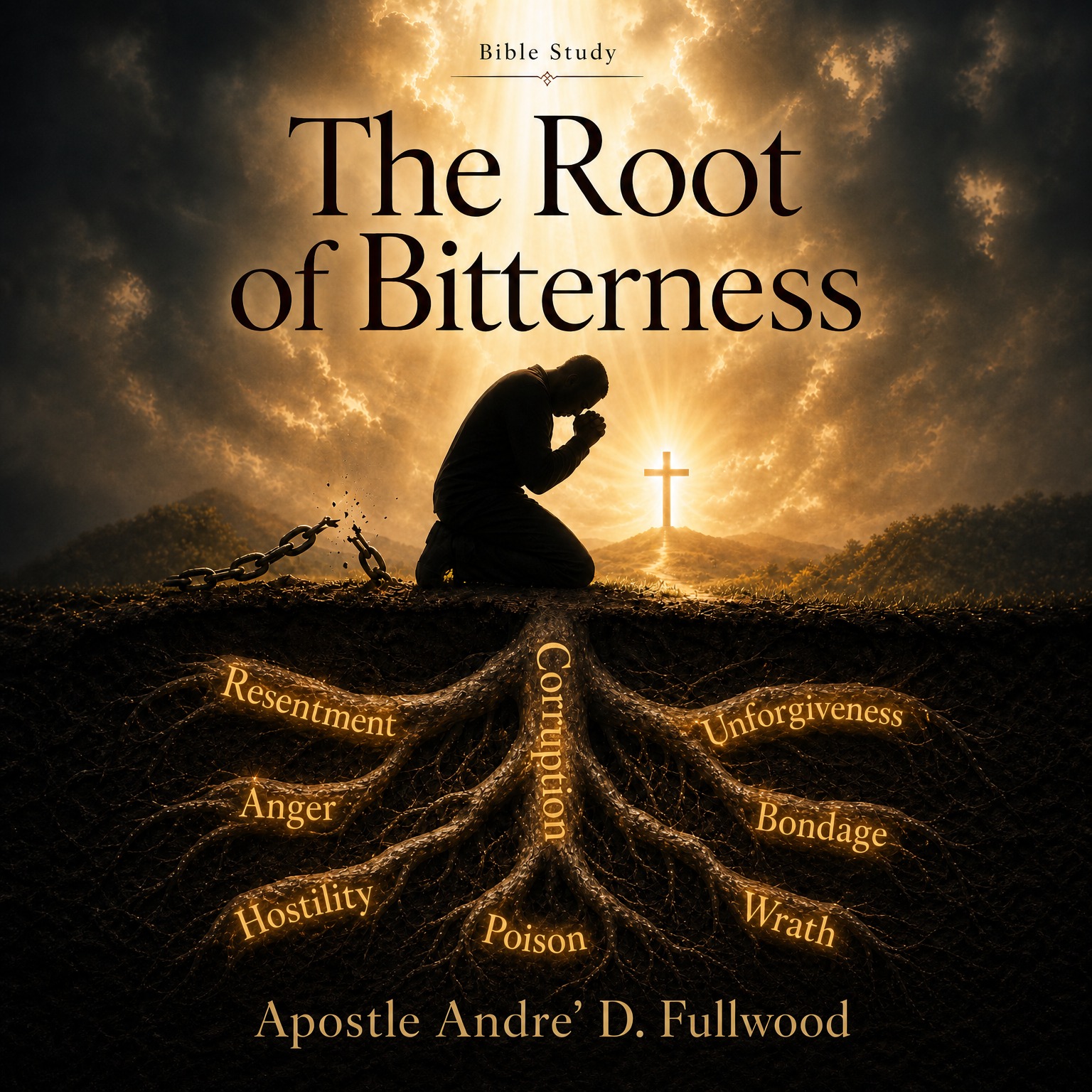 The Root of Bitterness, a Bible study by Apostle Andre’ D. Fullwood, with a praying figure, a cross, and roots beneath the soil