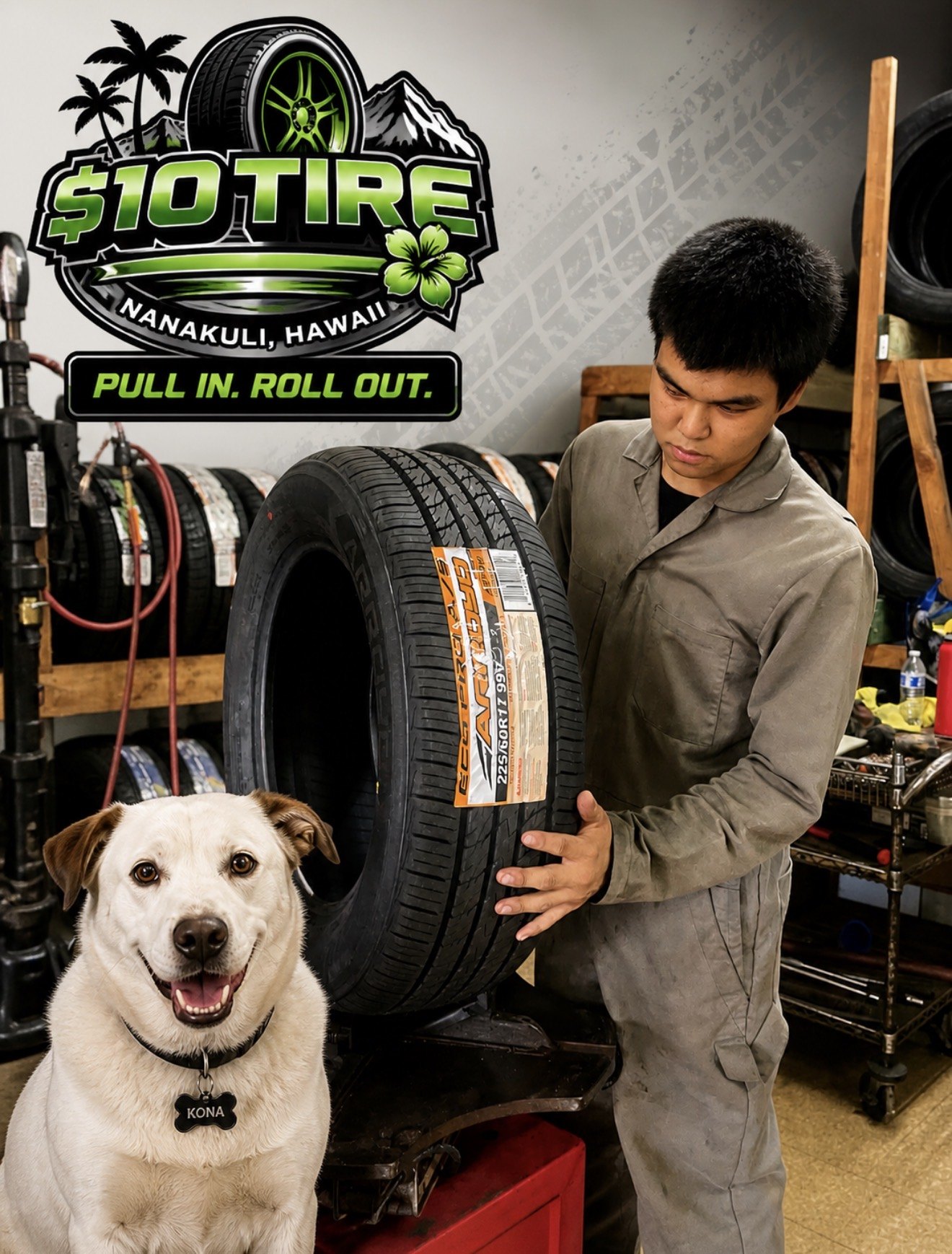 A technician handling a new tire in a tire shop