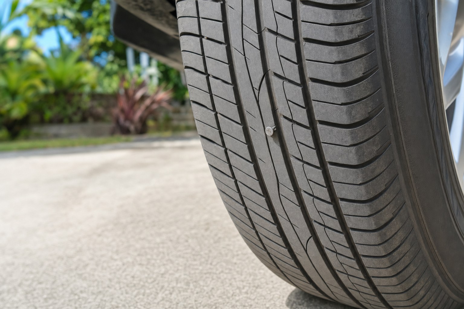 Small nail in the center tread of a passenger-car tire
