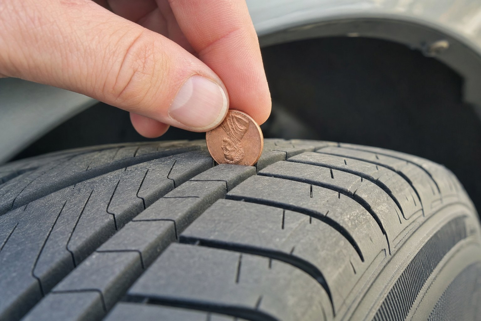 Penny placed head-down into a tire tread groove