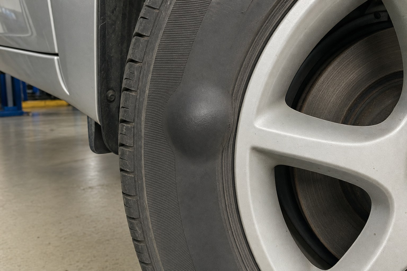 Close-up of a rounded bulge on the sidewall of a mounted tire