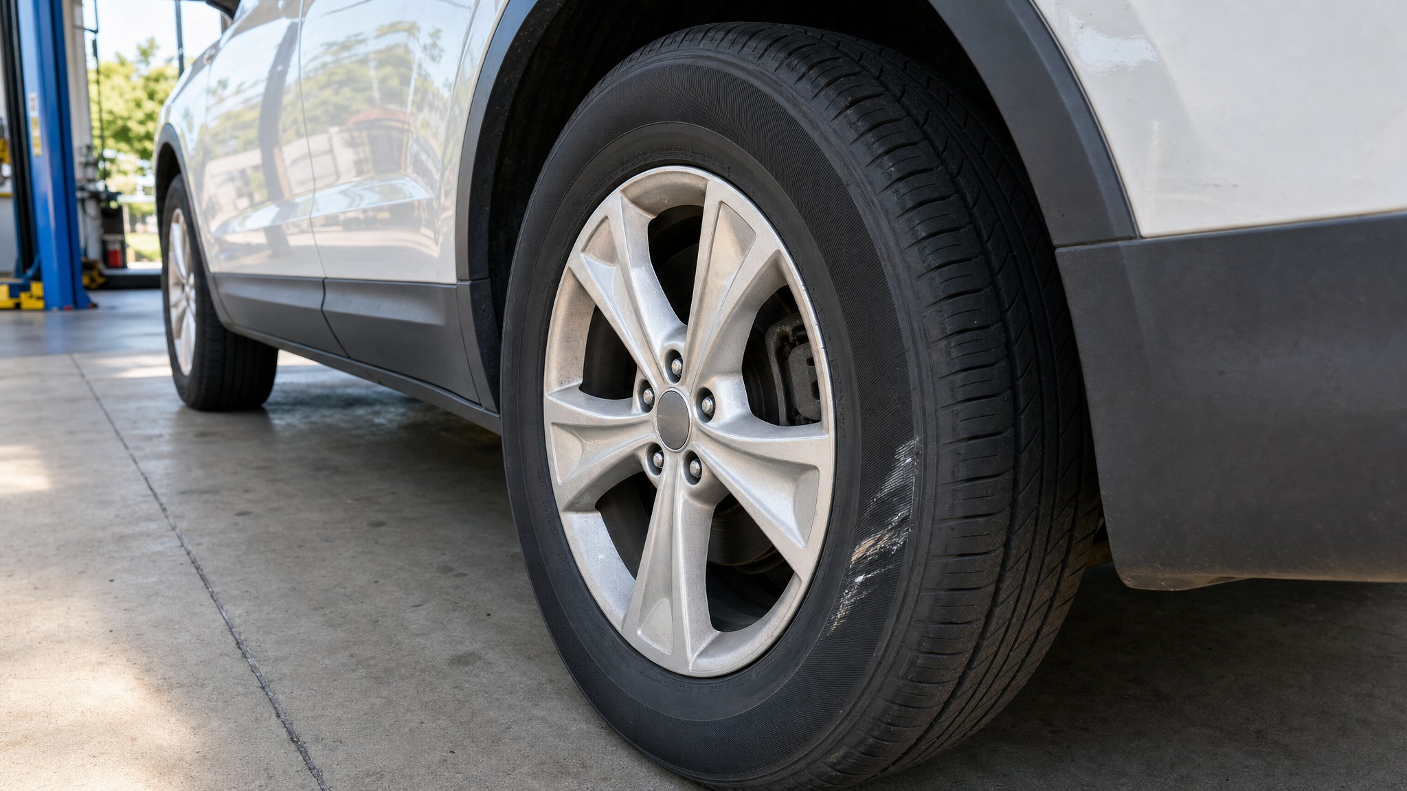 Vehicle tire with a visible sidewall scuff outside a service bay