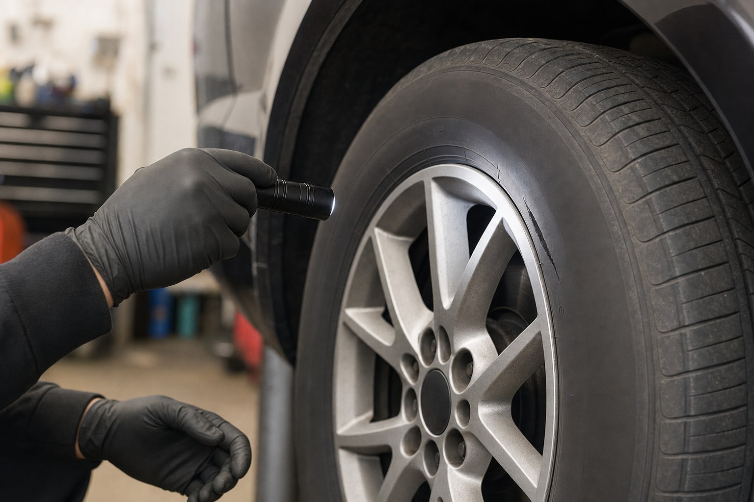Gloved technician using a flashlight to inspect a tire sidewall in a service bay