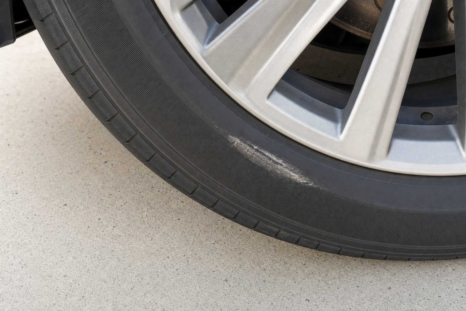 Close-up of a shallow curb scuff on a mounted vehicle tire sidewall