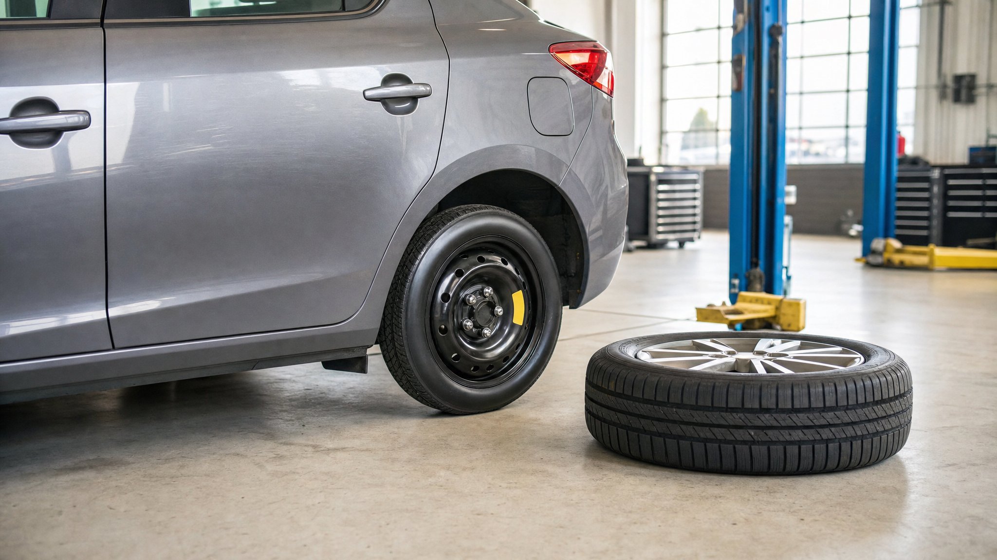 Temporary spare installed on a parked vehicle with a regular tire ready for service