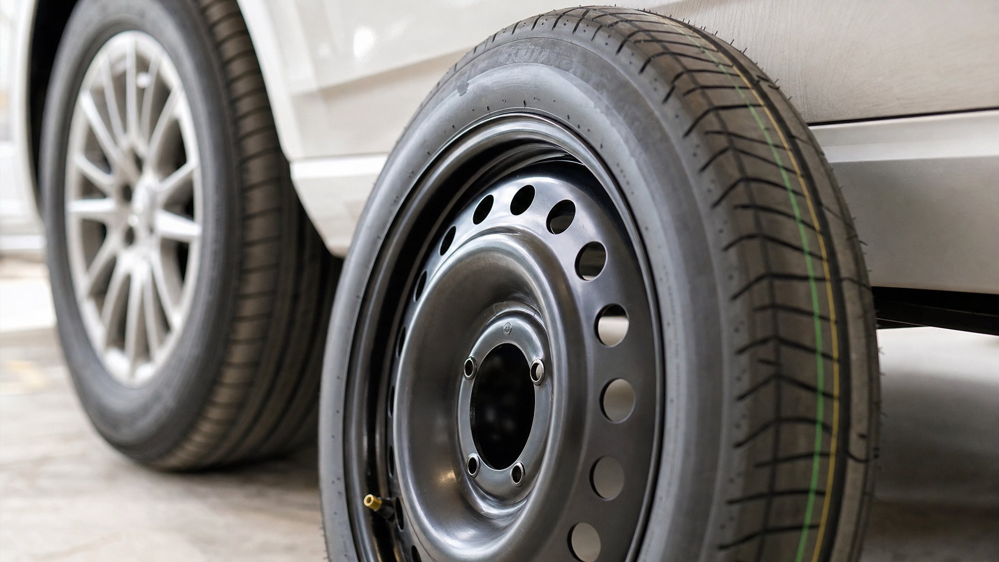 Compact temporary spare on a steel wheel beside a regular vehicle tire