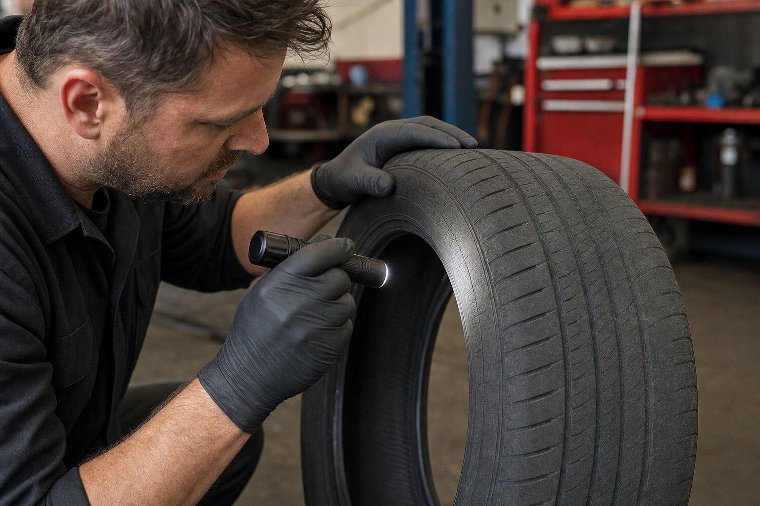 Technician inspecting an older tire sidewall with a flashlight