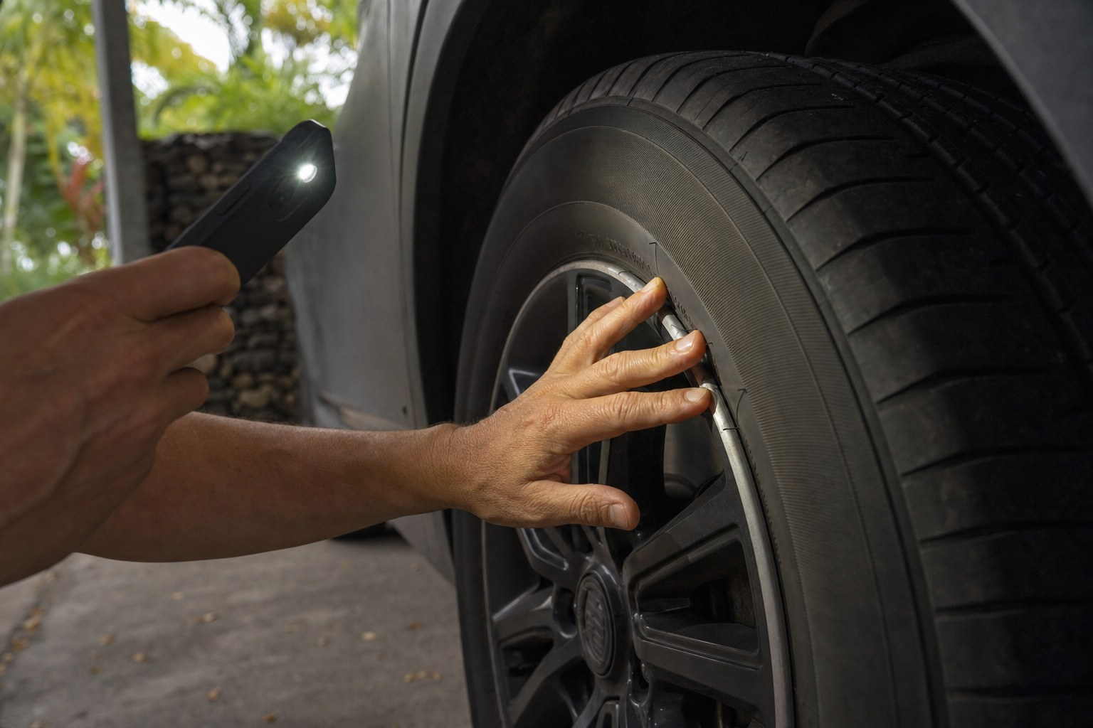 Driver inspecting a tire sidewall with a phone flashlight