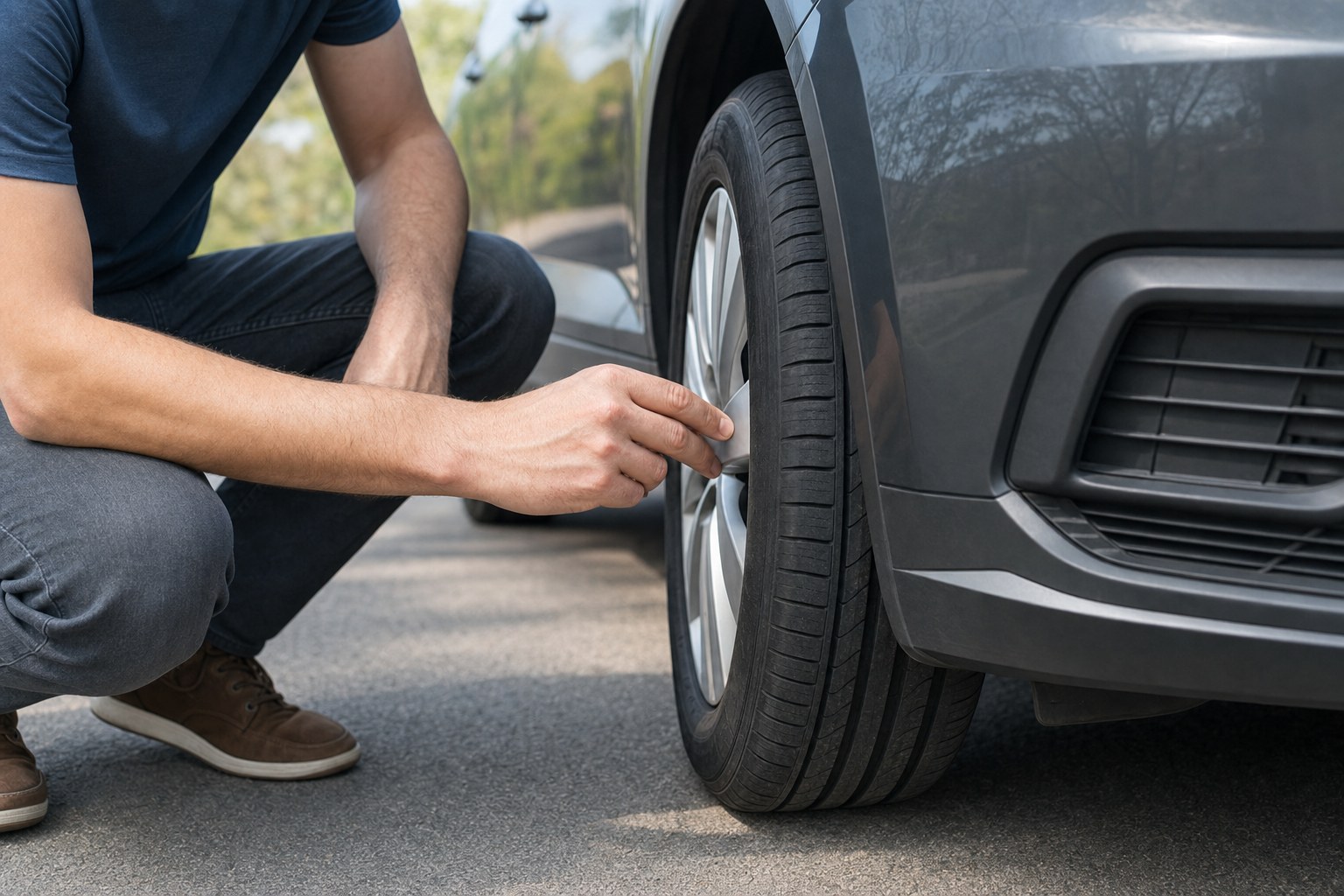 Driver examining tire tread and sidewall during a vehicle walk-around