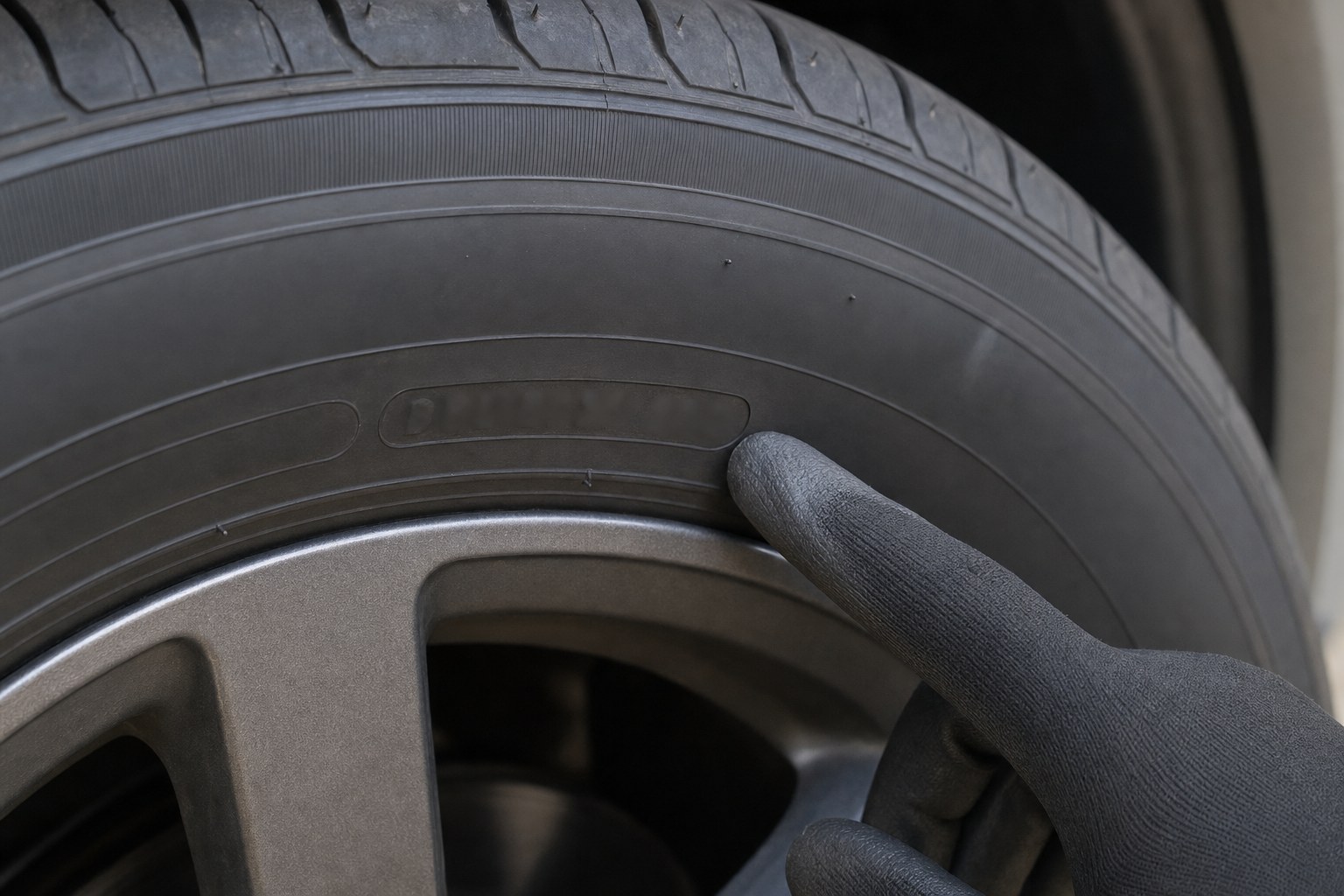 Gloved finger pointing to the DOT code area on a tire sidewall
