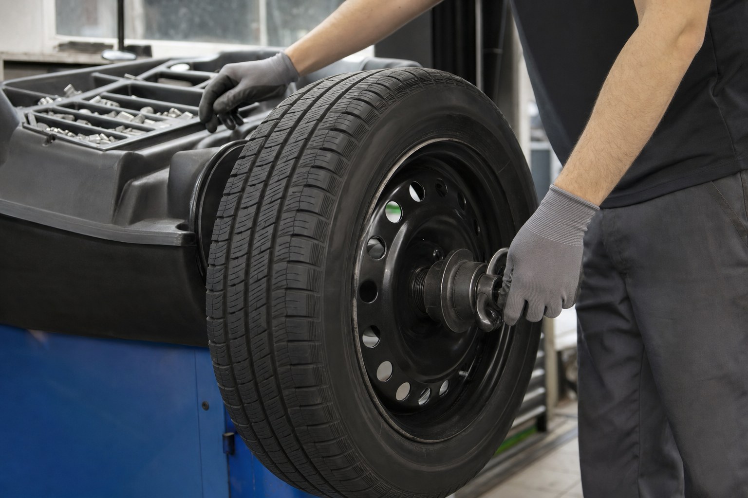 Technician balancing a wheel and tire on a shop machine